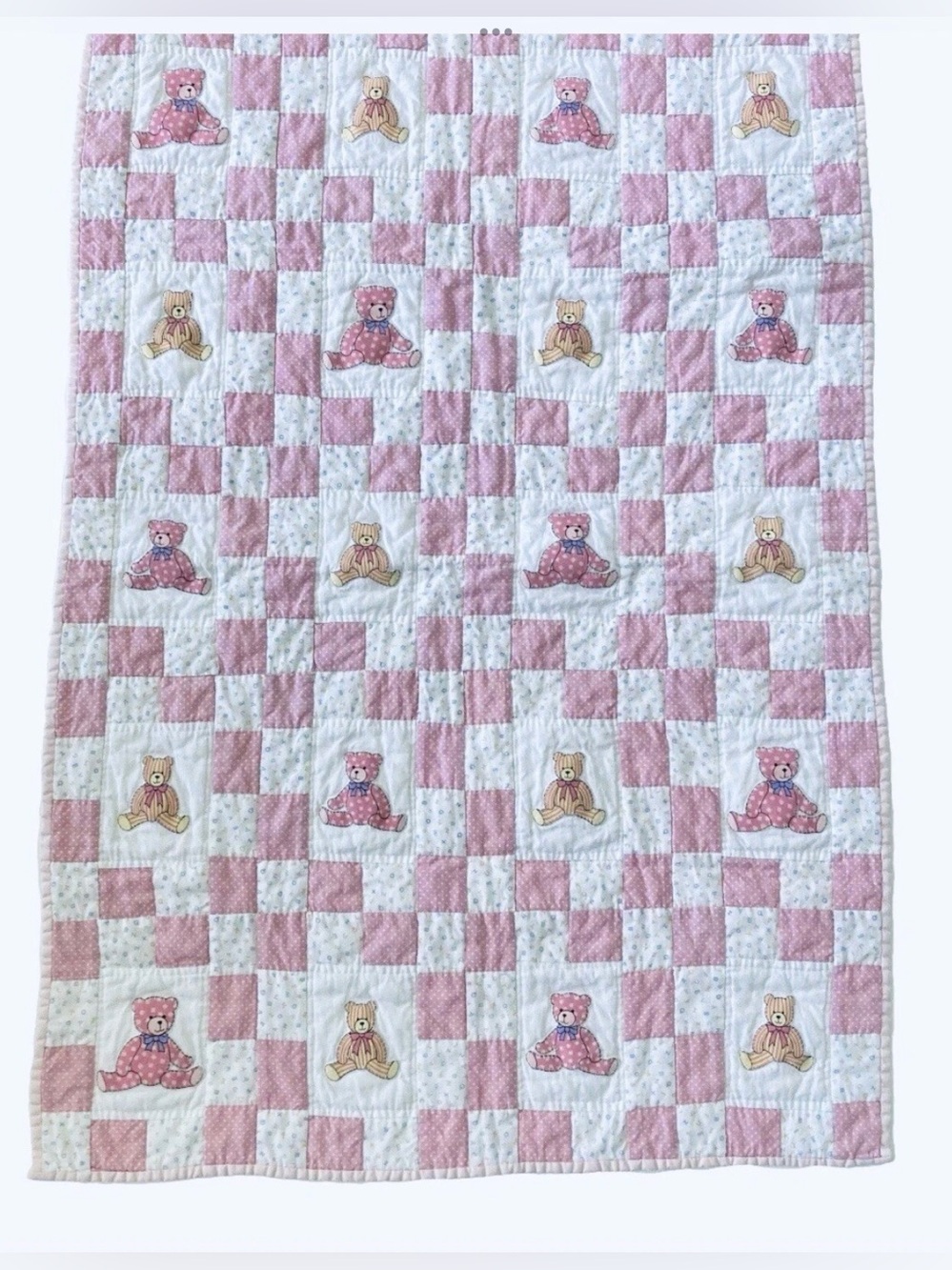 Vintage Handmade Pink & White Checked Baby Quilt, Appliquéd Teddy Bears, 24 X 36